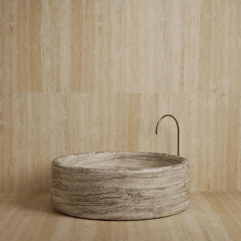 Kumusi Furniture Natural Marble Bathtub Creative Light Luxury Adult Style Grey Travertine New Bathtub - Image 8