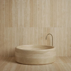 Kumusi Furniture Natural Marble Bathtub Creative Light Luxury Adult Style Beige Travertine New Round Bathtub