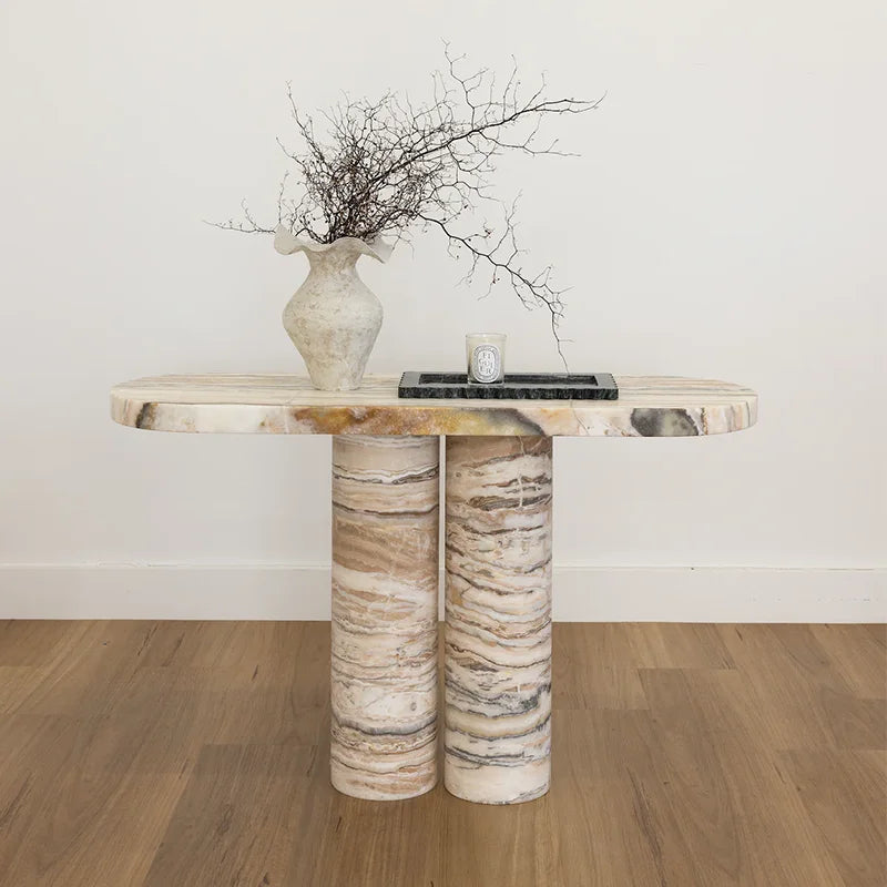 KUMUSI FURNITURE Wabi-Sabi Cream Marble Solid Base Living Room Console Table - Image 9