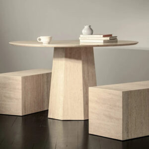 Kumusi Scandinavian Extendable Round Travertine Marble Dining Table for Workshop and Home Use 6 Seater