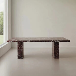 Kumusi Luxury Scandinavian Modern Rectangle Rosso Levanto Marble Dining Table with Polished Finish 8 Seater
