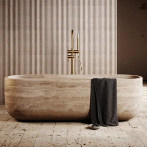 Kumusi Furniture Luxury Travertine Bathtub Hotel Bathroom Indoor Solid Surface Soaking Bath Tub Stone Center Drain Bathtub