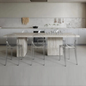 Kumusi Furniture Grey Travertine Solid Stone Dining Table Rectangle Shape for 6-12 Seats Dining Sets