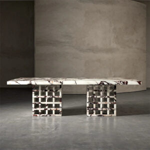 Luxury Marble Furniture Rectangle Shape Marble Fluted Square Base Natural Stone Dining Table