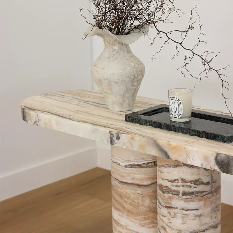 KUMUSI FURNITURE Wabi-Sabi Cream Marble Solid Base Living Room Console Table - Image 3
