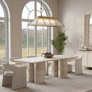 Kumusi Furniture Square Travertine Dining Table with Four Cylinder Legs Natural Marble