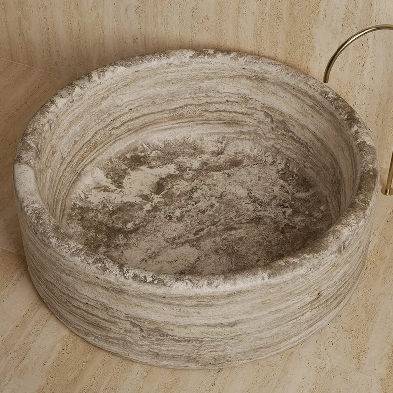 Kumusi Furniture Natural Marble Bathtub Creative Light Luxury Adult Style Grey Travertine New Bathtub - Image 2