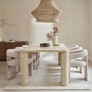 Household Concrete Textured Marble Dining Table Travertine Material Quality Minimally Designed Square Table