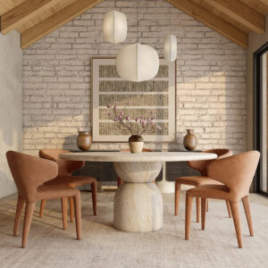 Kumusi Furniture Natural Marble Dining Room Beige Travertine Cream Dining Table for 6-8 People