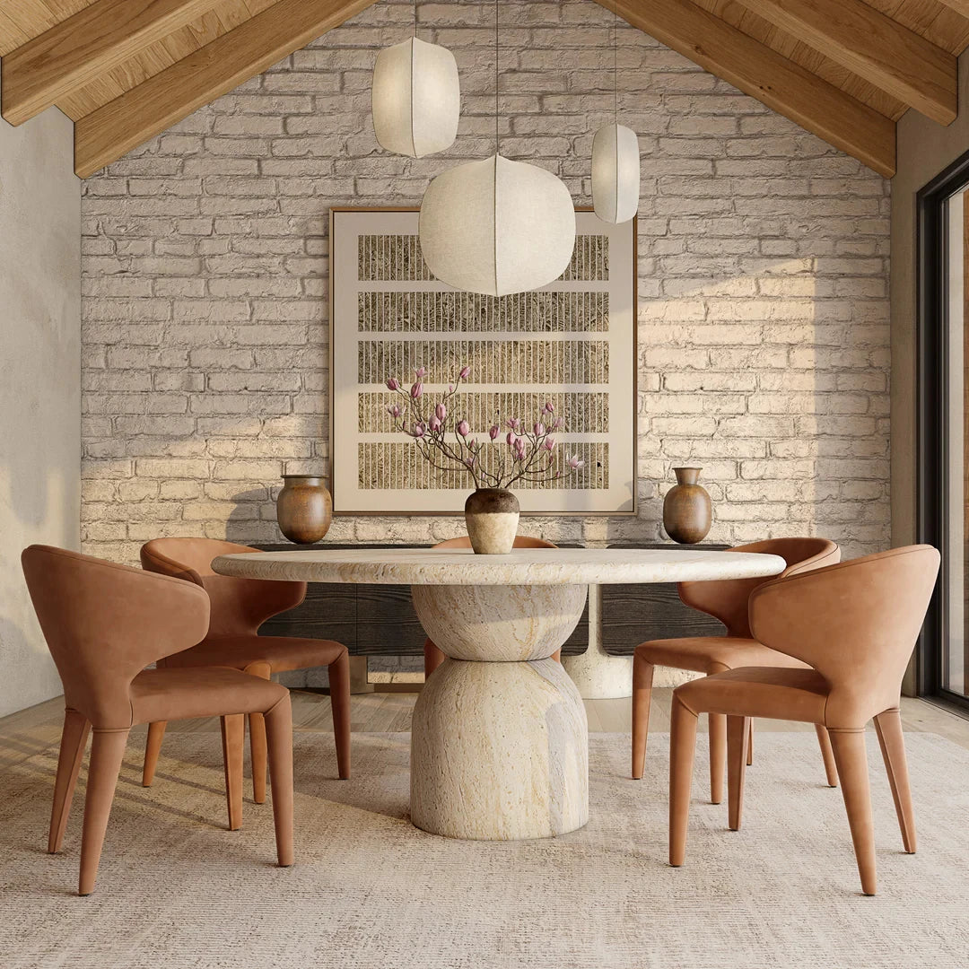 Kumusi Furniture Natural Marble Dining Room Beige Travertine Cream Dining Table for 6-8 People
