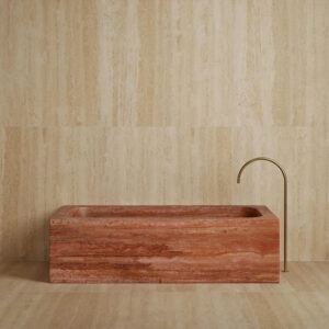 Kumusi Furniture Luxury Hotel Bathroom Indoor Solid Marble Red Travertine Rectangle Bathtub