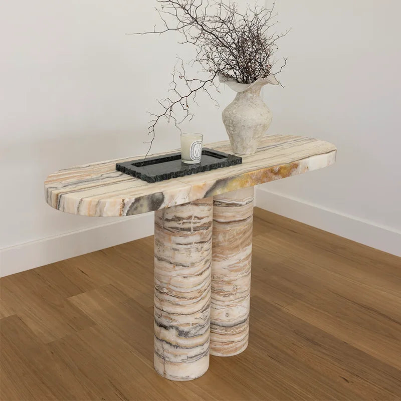 KUMUSI FURNITURE Wabi-Sabi Cream Marble Solid Base Living Room Console Table - Image 6