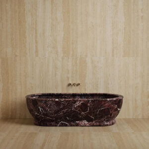 Kumusi Furniture Rosso Levanto Contemporary Luxurious Oval Solid Marble Bathtub with Drainer for Indoor Use