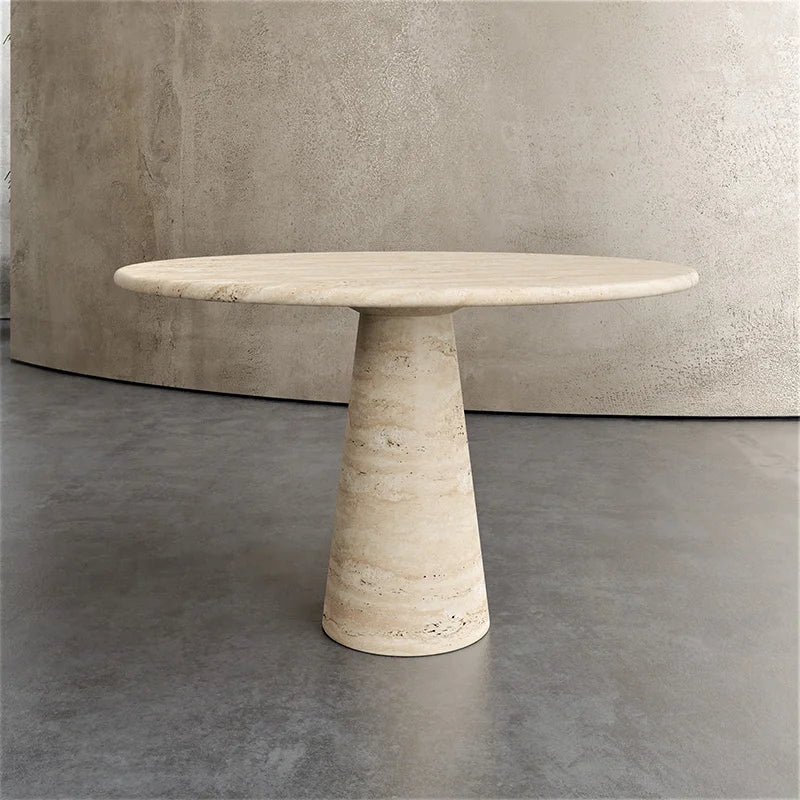 Kumusi Luxury Nordic Matt Finish Beige Marble Travertine Dining Table for Living Room and Outdoor Use