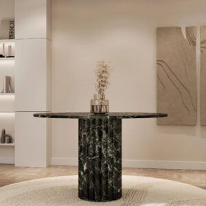 Kumusi Furniture Lorenzo Verde Levanto Round Dining Table with Fluted Base Marble Top Extendable
