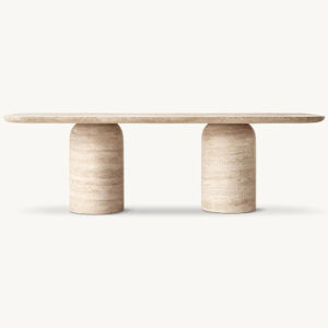 Kumusi High Quality Solid Stone Beige Travertine Bullet Base Dining Table for Home for Restaurant or Hotel