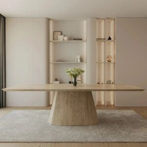 Kumusi Italian Travertine Dining Table Solid Base Long Table for Dining