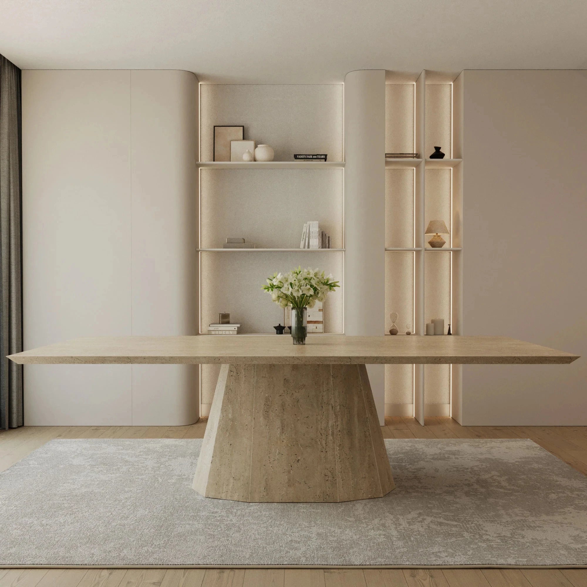 Kumusi Italian Travertine Dining Table Solid Base Long Table for Dining