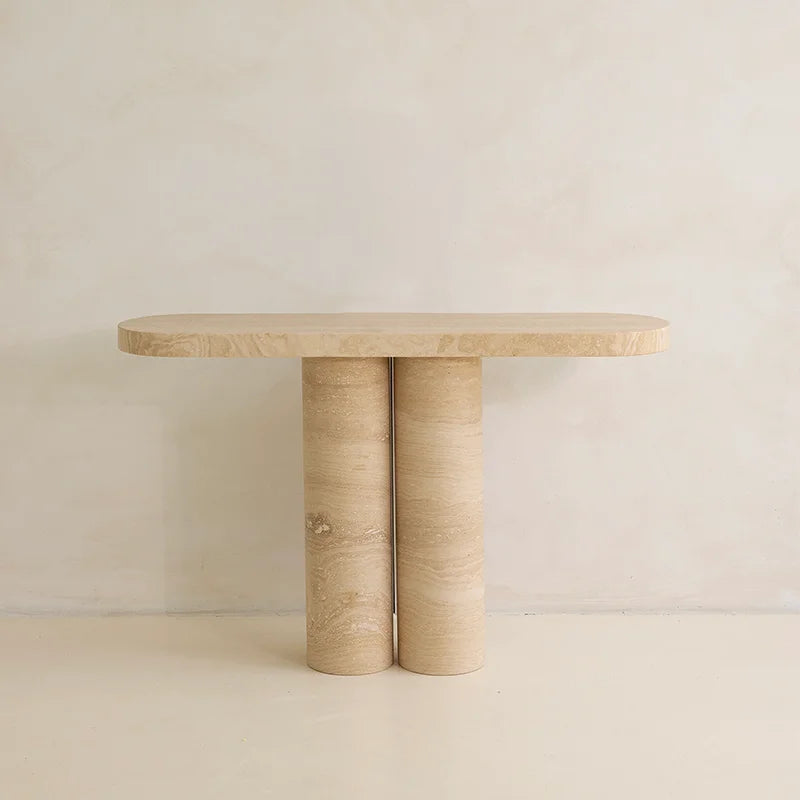 KUMUSI FURNITURE Wabi-Sabi Cream Marble Solid Base Living Room Console Table - Image 7