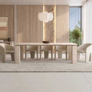 Kumusi Furniture Modern Marble Rectangle Dining Table with Chairs Set 4 6 8 Seater Beige Travertine Stone Metal Furniture Design
