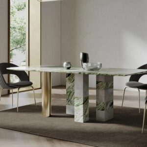 Wabi Sabi Style Travertine Material Quality Concrete Texture Dining Table Unique Square Marble Table With Emerald Green Pattern
