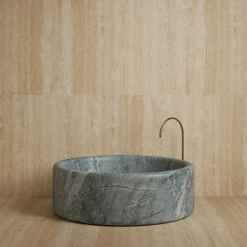 Kumusi Furniture Natural Marble Bathtub Creative Light Luxury Adult Style Grey Travertine New Bathtub - Image 7